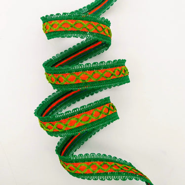 Orange Cotton Fabric Lace Trim with Green Thread Embroidery, Trim By 3 Yards, Craft Decorative Ribbon